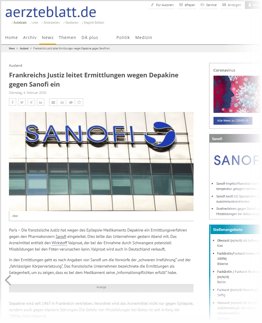 Ärzteblatt: "Frankreichs Justiz leitet Ermittlungen wegen Depakine gegen Sanofi ein" - Artikel vom 04.02.2020 über das Valproat-haltige Arzneimittel