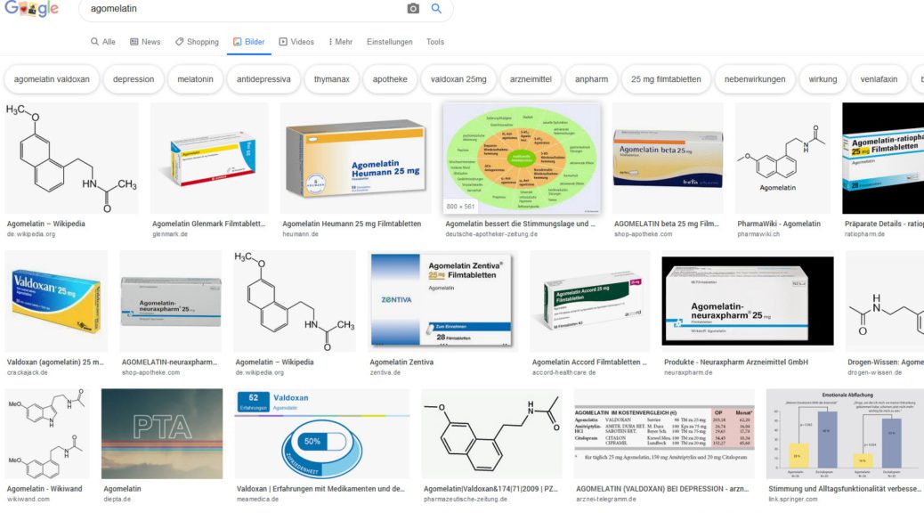 Google Bildersuchen nach Agomelatin liefert verschiedene Abbildungen zu Valdoxan (Screenshot 09.12.2019)