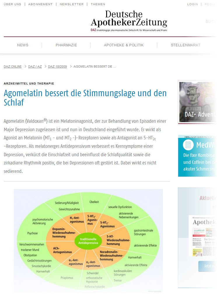 Valdoxan / Agomelatin - Wirkung und Nebenwirkung und sonstige Erfahrungen mit dem Wirkstoff (Screenshot deutsche-apotheker-zeitung.de am 09.12.2019)