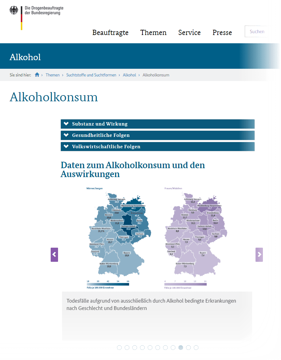 Alkoholismus: Symptome, Folgen und Statistiken erläutert der Drogenbeauftragte der Bundesregierung (Screenshot drogenbeauftragte.de/themen/suchtstoffe-und-suchtformen/alkohol/alkoholkonsum.html vom 25.04.2020)