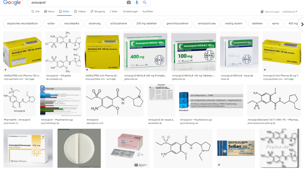 Amisulprid - die Google Bildersuche zeigt Tabletten-Packungen, chemische Formel und mehr (Screenshot images.google.de am 05.05.2020)