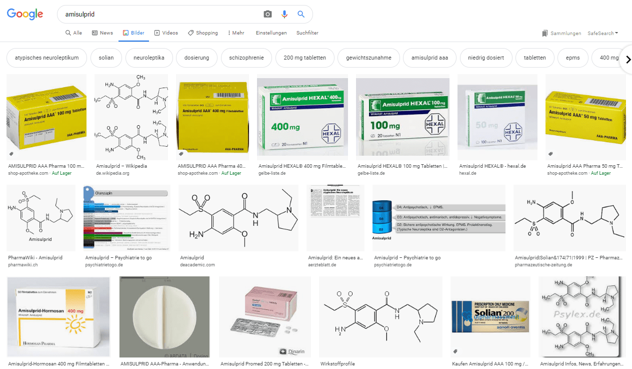 Amisulprid - die Google Bildersuche zeigt Tabletten-Packungen, chemische Formel und mehr (Screenshot images.google.de am 05.05.2020)