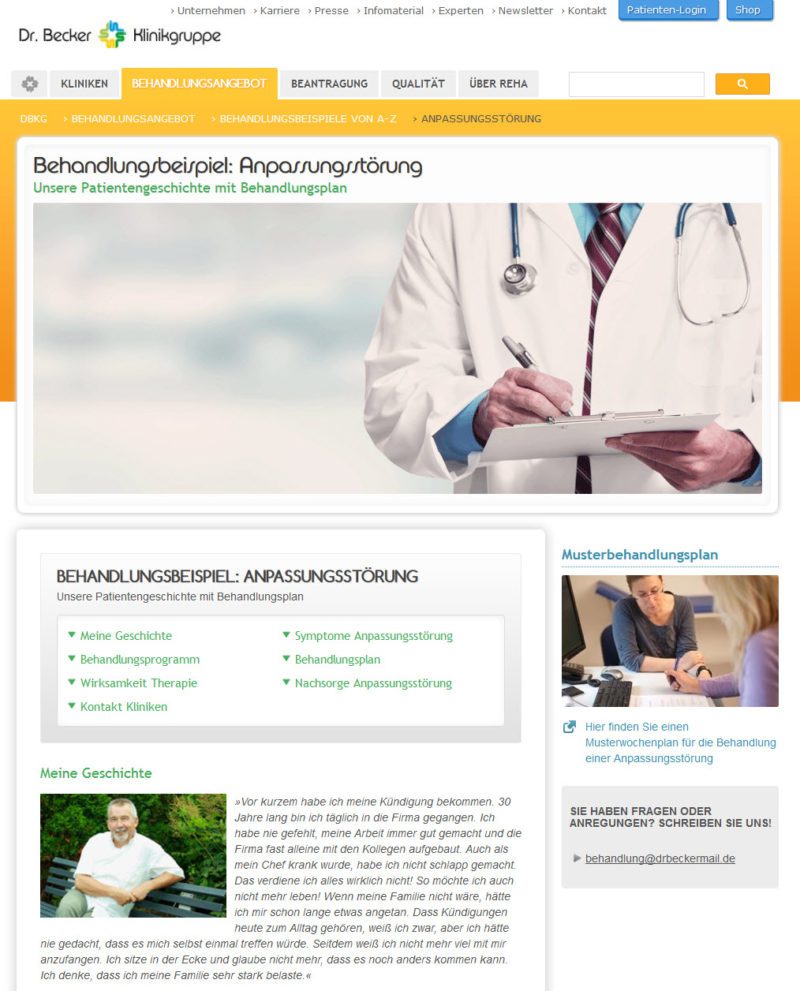 Man hat die ICD Diagnose F43/2 bekommen. Doch wie lässt sich eine solche Anpassungsstörung behandeln? Die Website dieser Klinikgruppe listet als Beispiel für die Behandlung eine Patientengeschichte mit Behandlungsplan auf (Screensshot dbkg.de/behandlungsangebot/behandlungsbeispiele/anpassungsstoerung vom 26.06.2017)