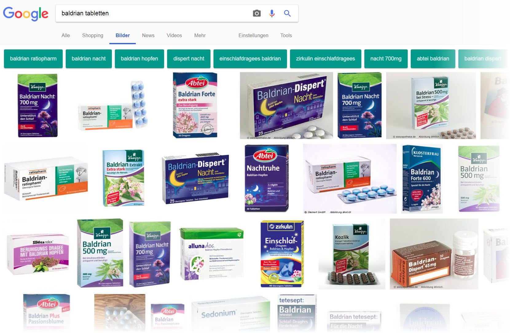 "Dispert", "Nacht", "forte" - Baldriantabletten gibt es von unzähligen Anbietern - eine Google-Bildersuche liefert einen schnellen Eindruck davon...