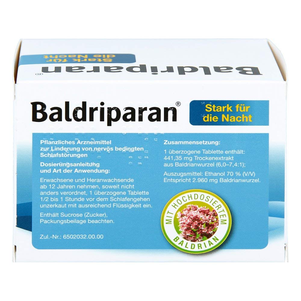 Baldriparan Stark für die Nacht - Packungsrückseite | Pflanzliches Arzneimittel zur Linderung von nervös bedingten Schlafstörungen (Amazon)