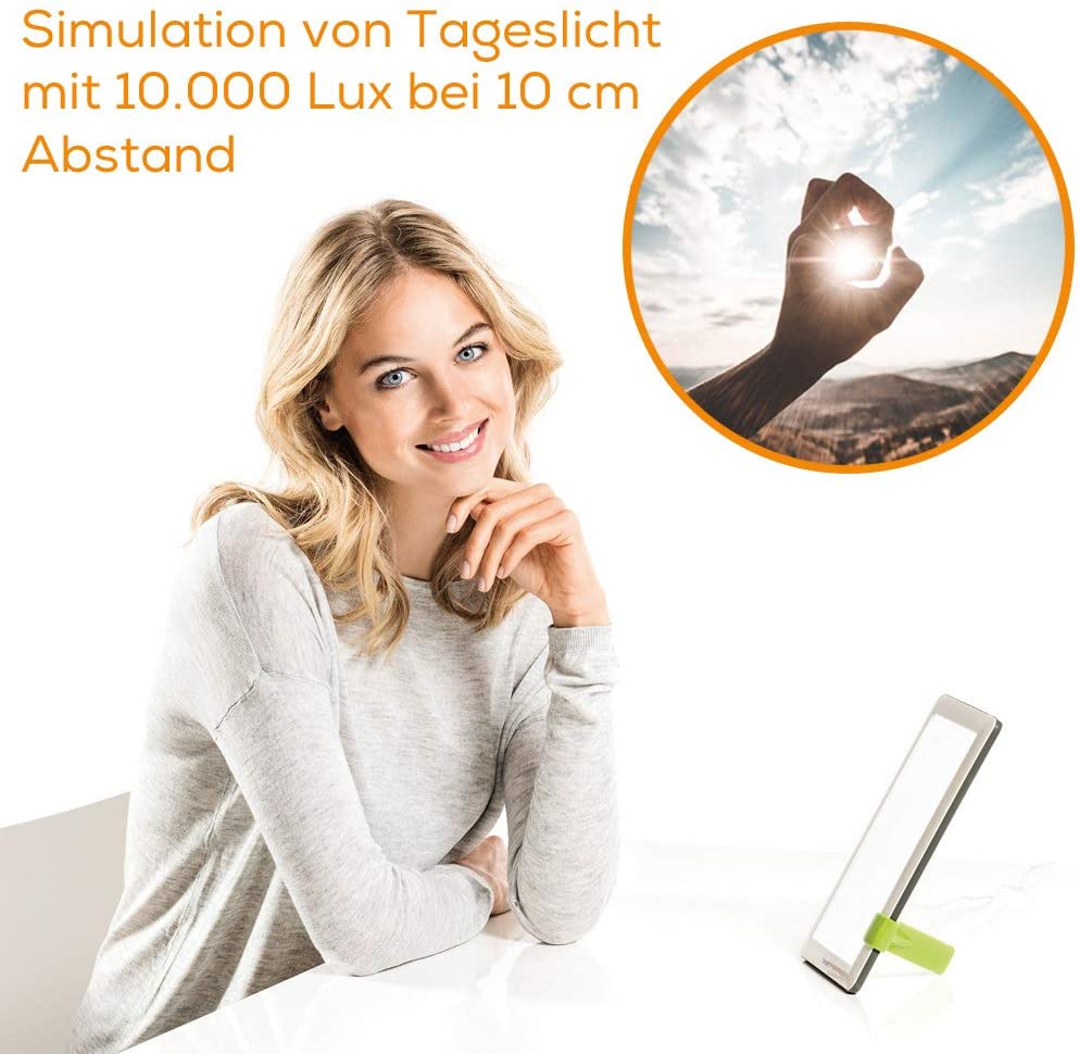 Die Beurer Tageslichtlampe ist ein Lichttherapiegerät mit einer Lichtstärke ca. 10.000 Lux bei 10 cm Abstand (Amazon)