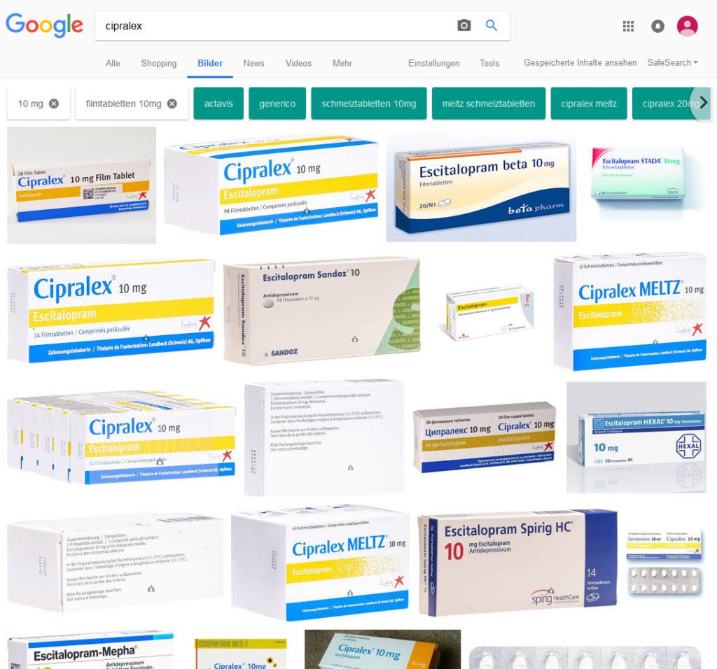 Cipralex 10 mg / Escitalpram 10mg Filmtabletten gibt es von einer Reihe von Pharmafirmen, wie eine Recherche in der Google Bildersuche schnell visualisiert (Screenshot vom 25.04.2018)