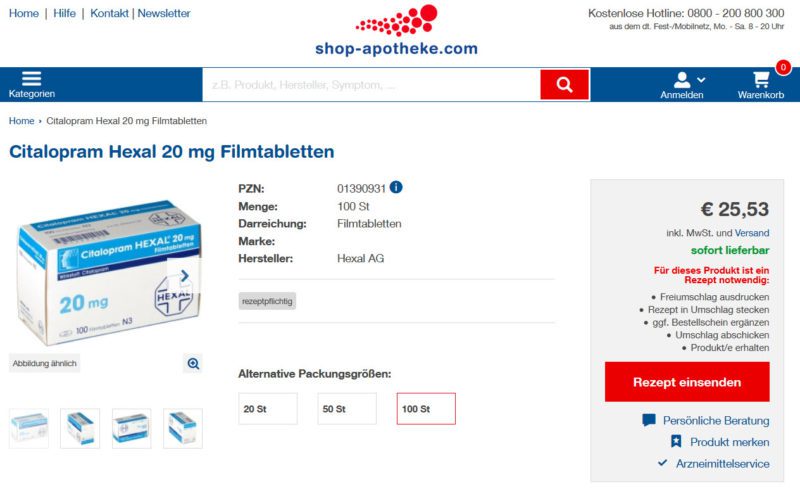 Citalopram gibt es als Generika inzwischen von vielen Pharmaherstellern und Marken (hier: Hexal, aber auch Neuraxpharm, Stada, Ratiopharm) - Screenshot shop-apotheke.com am 10.11.2016)