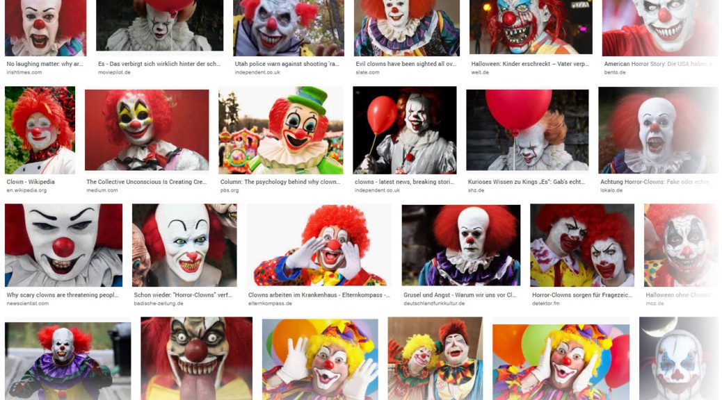 Coulrophobie - Angst vor Clowns und Puppen | Ein Blick in die Google Bildersuche zeigt, wie erschreckend manch Clown-Gesicht aussehen kann (Screenshot 17.09.2019)