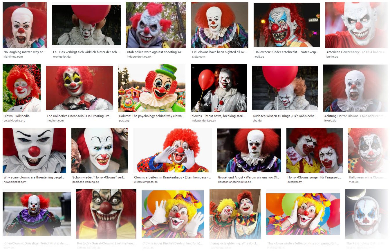 Coulrophobie - Angst vor Clowns und Puppen | Ein Blick in die Google Bildersuche zeigt, wie erschreckend manch Clown-Gesicht aussehen kann (Screenshot 17.09.2019)