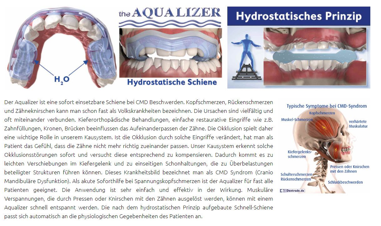 Nächtliches Zähneknirschen: Mit hydrostatischen Aufbiss-Schienen wie dem Aqualizer können die Auswirkungen reduziert werden (Screenshot dentrade.com/de/aqualizer.html am 25.11.2019)