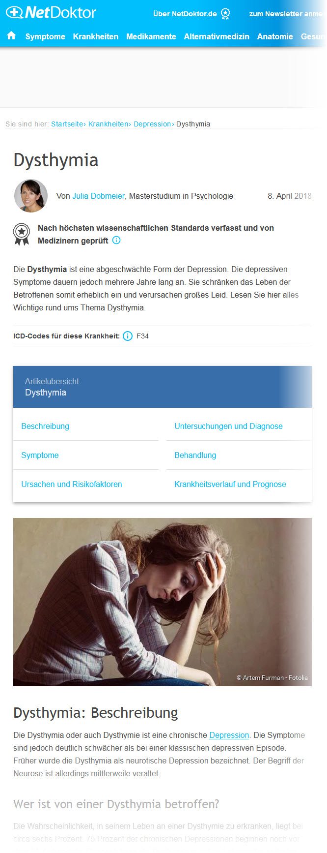Dysthymie / Dysthymia - Symptome, Diagnose, Ursachen, Behandlung (Screenshot netdoktor.de am 22.08.2019)
