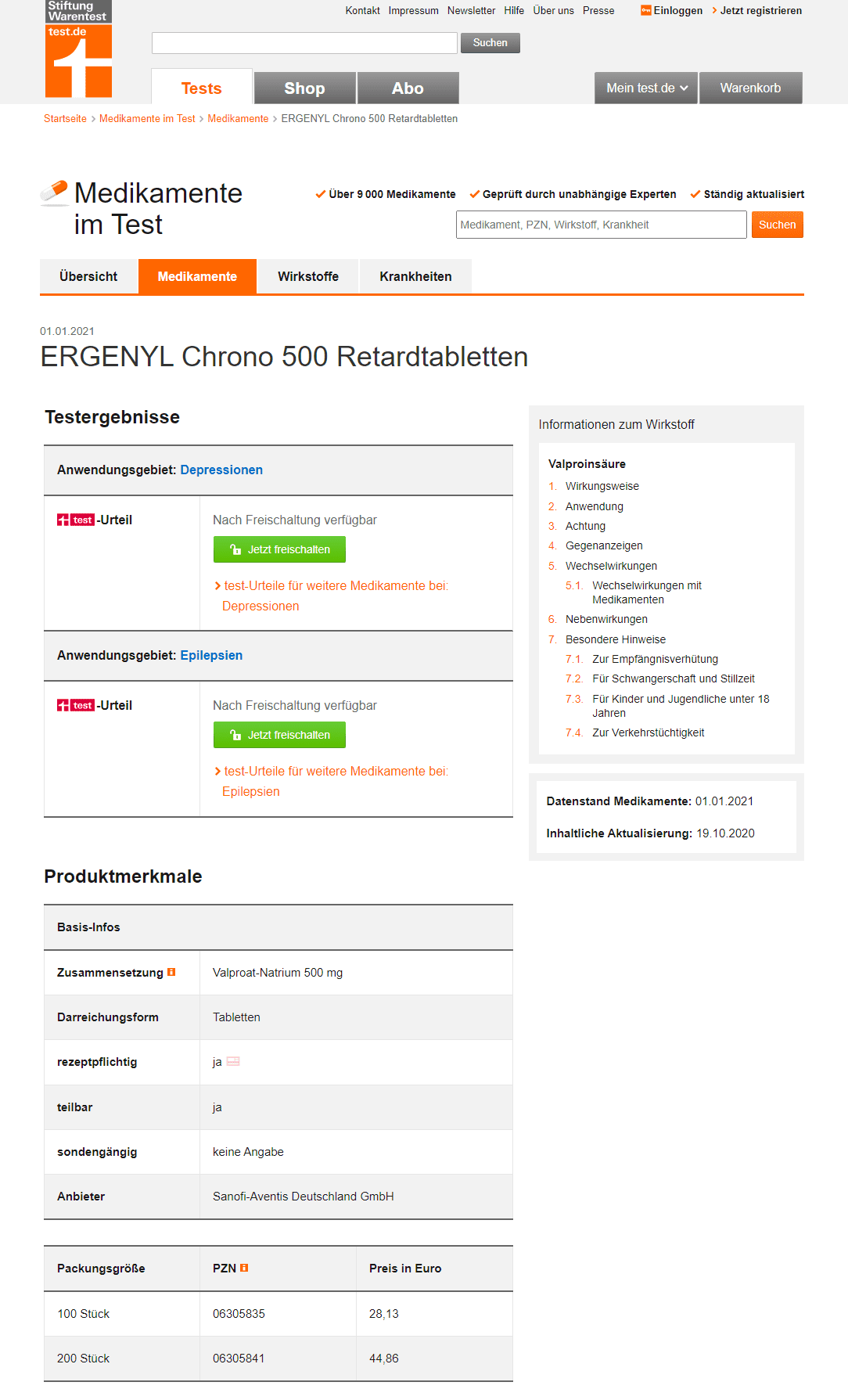 Ergenyl Chrono 500 Retardtabletten (Valproat-Natrium) - Infos gibts bei der Stiftung Warentest unter https://www.test.de/medikamente/medikament/ergenyl-chrono-500-retardtabletten-n3166/ (Screenshot 06.01.2020)