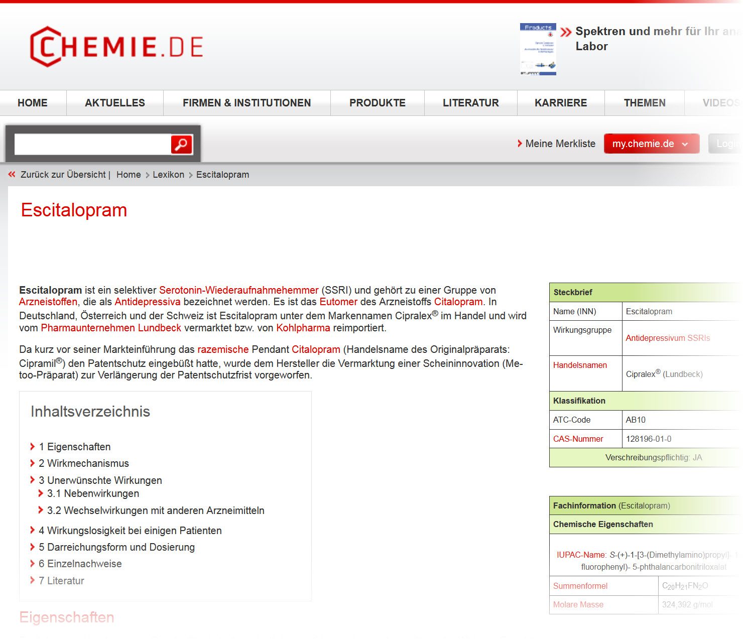 Escitalopram Wirkung, erläutert auf Chemie.de (Screenshot chemie.de/lexikon/Escitalopram.html am 06.03.2018) Escitalopram Wirkung, erläutert auf Chemie.de (Screenshot chemie.de/lexikon/Escitalopram.html am 06.03.2018)