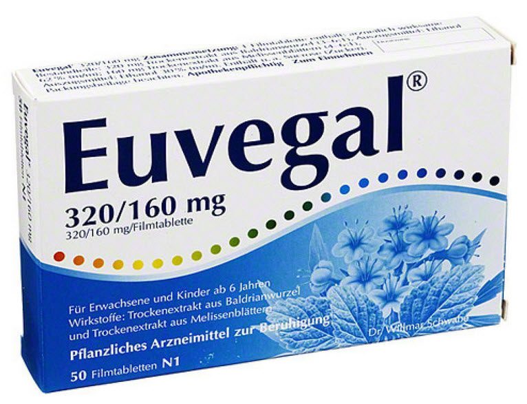 Euvegal 320 / 160 mg: Trockenextrakt aus Baldrianwurzel + Trockenextrakt aus Melissenblättern = pflanzliche Arznei zur Beruhigung; hier auch für Kinder ab 6 Jahren (via Amazon)