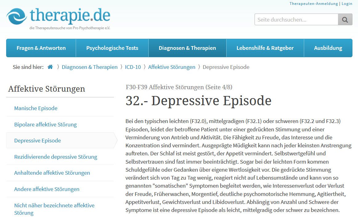Die Website therapie.de informiert über die ICD F32 Diagnose und ihre Unterscheidungen wie z.B. F32.1 für die mittelgradige Depression (Screenshot https://www.therapie.de/psyche/info/index/icd-10-diagnose/f3-affektive-stoerungen/f32-depressive-episode/ am 05.07.2017)