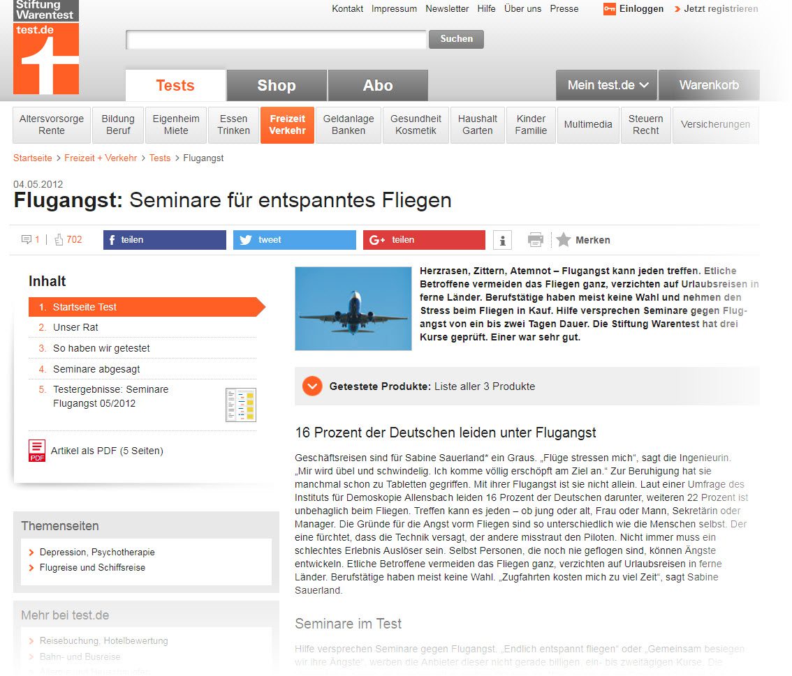 Hilft ein Flugangst Seminar? - Stiftung Warentest hat in 2012 drei Anbieter für Aviophobie Seminare unter die Lupe genommen (test.de/Flugangst-Seminare-fuer-entspanntes-Fliegen-4367815-0/)