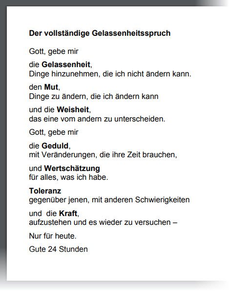 Gelassenheit lernen: Ein Gelassenheitsspruch wie dieser soll helfen, in problematischen Situationen gelassen zu bleiben bzw. gelassener zu werden (Screenshot coda-deutschland.de/files/gelassenheitsgebet_lang.pdf am 05.08.2019)