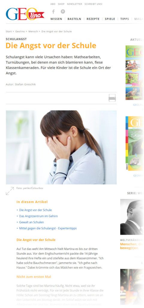 Geolino: Schulangst / Schulphobie - Die Angst vor der Schule: Schulangst kann viele Ursachen haben: Mathearbeiten, Turnübungen, bei denen man sich blamieren kann, fiese Klassenkameraden. Für viele Kinder ist die Schule ein Ort der Angst (Screenshot geo.de/geolino/mensch/10554-rtkl-schulangst-die-angst-vor-der-schule am 02.10.2018)