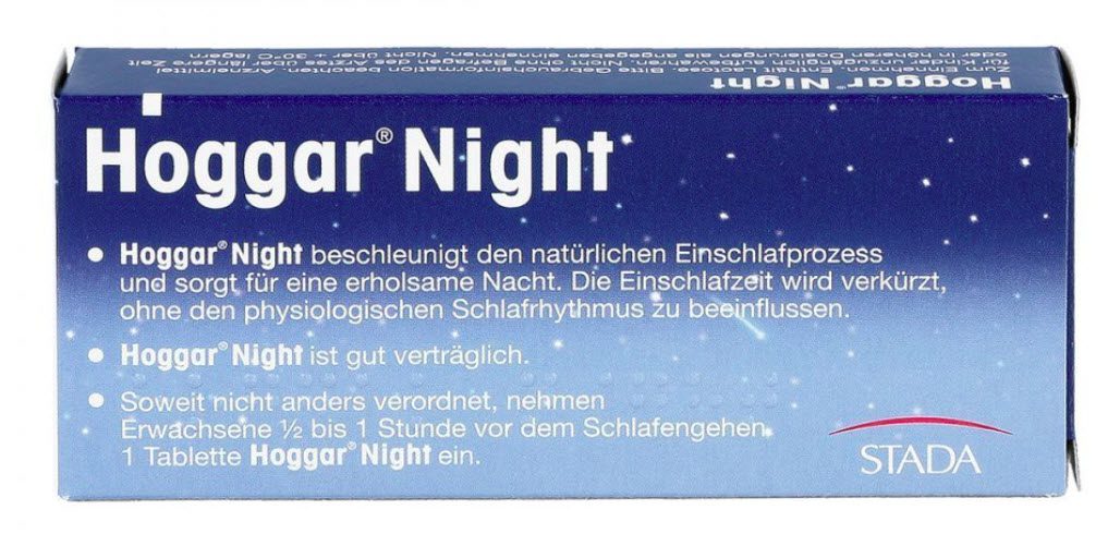 Auf der Packungsrückseite der Schlaftabletten steht: "... beschleunigt den natürlichen Einschlafprozess und sorgt für eine erholsame Nacht. Die Einschlafzeit wird verkürzt, ohne den physiologischen Schlafrhythmus zu beeinflussen. - Hoggar Night ist gut verträglich." (Amazon)