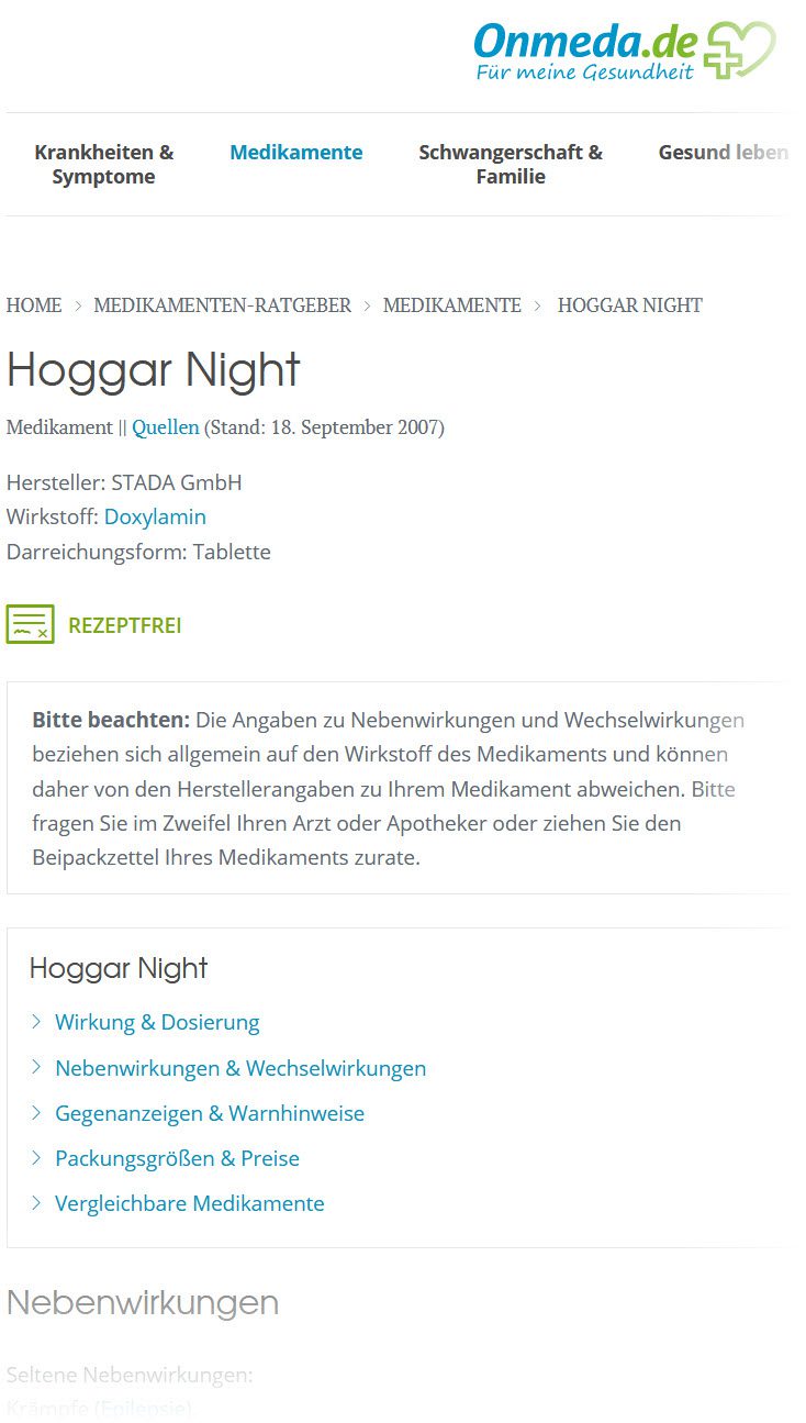 Auf der Webseite onmeda.de kann man sich weiterführend zu den Hoggar Night Nebenwirkungen und Wechselwirkungen informieren (Screenshot onmeda.de/Medikament/Hoggar+Night--nebenwirkungen+wechselwirkungen.html am 20.03.2018)