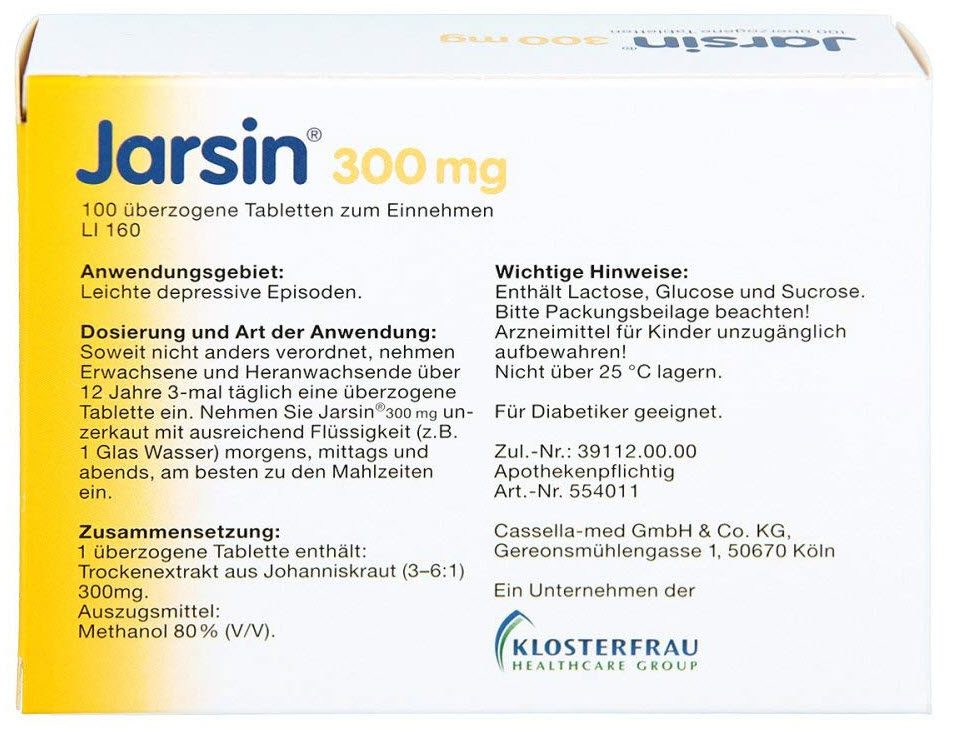 Packungsrückseite der Jarsin 300mg Tabletten gegen leichte depressive Episoden (Amazon)