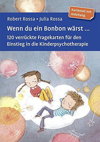 Hilfsmittel der Psychotherapie für Kinder: "Wenn du ein Bonbon wärst ...: 120 verrückte Fragekarten für den Einstieg in die Kinderpsychotherapie. Kartenset mit Anleitung. Mit Online-Materialien" - Beschreibung: "Wenn du ein Bonbon wärst, wie würdest du schmecken? Wie erklärst du einem Außerirdischen, wie man sich perfekt entschuldigt? Wessen Gedanken möchtest du gern lesen können und warum? – Lauter Fragen für den Einstieg in das Gespräch mit Kindern " (Amazon)