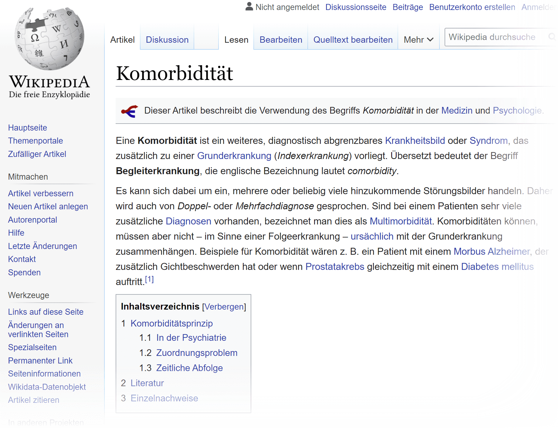 Komorbidität Definition laut Wikipedia (Screenshot https://de.wikipedia.org/wiki/Komorbidit%C3%A4t)