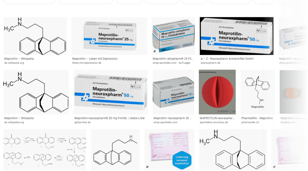 Maprotilin / Ludiomil - die Google Bildersuche zeigt Tabletten-Packungen verschiedener Hersteller (Screenshot 12.05.2020)