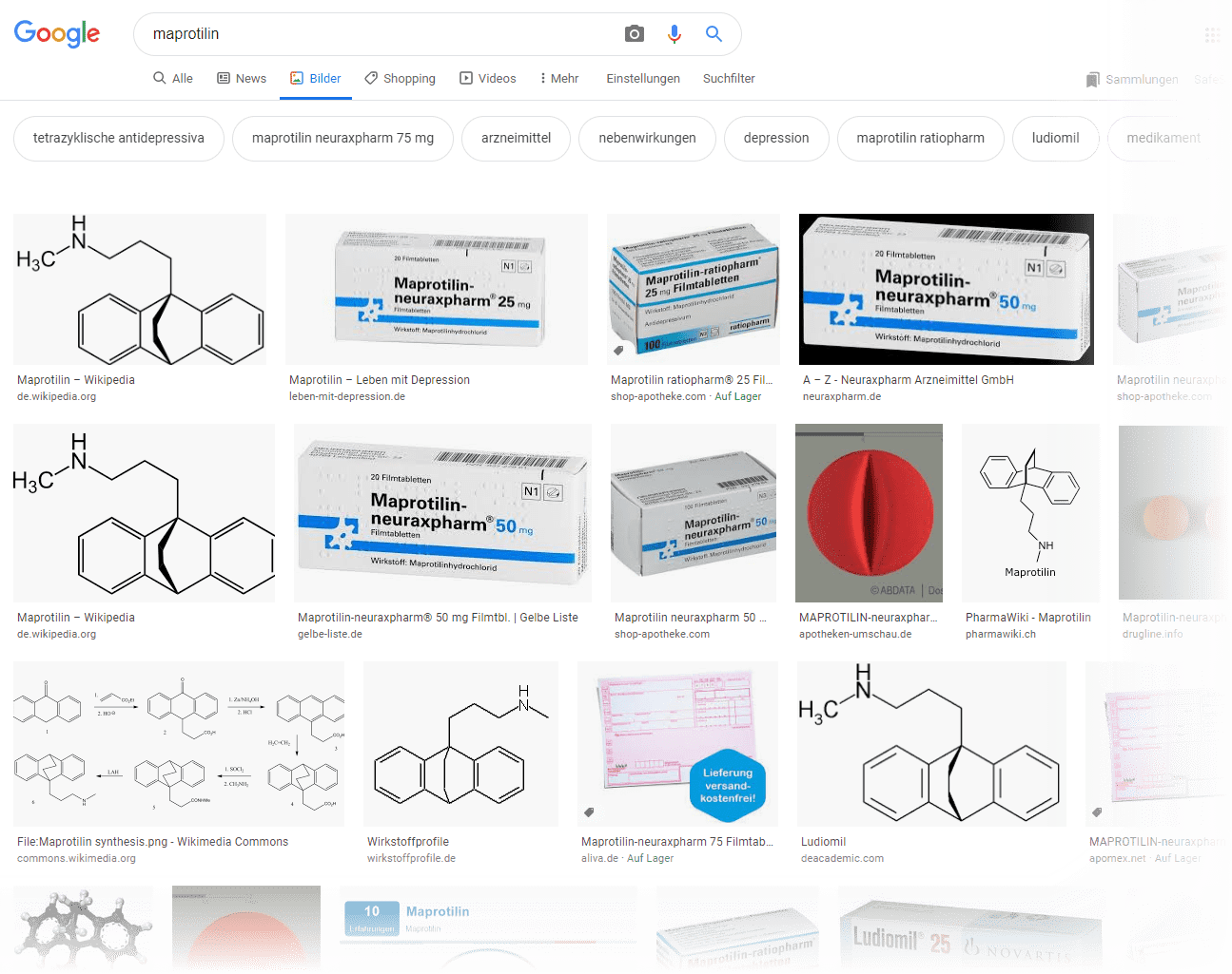 Maprotilin / Ludiomil - die Google Bildersuche zeigt Tabletten-Packungen verschiedener Hersteller (Screenshot 12.05.2020)