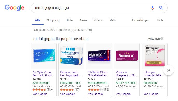 Medikamente gegen die Angst vor dem Fliegen? - Wer in Google nach Mittel gegen Flugangst sucht, findet eine teils befremdlich anmutende Produktauswahl (Screenshot einer Suche am 20.01.2019)