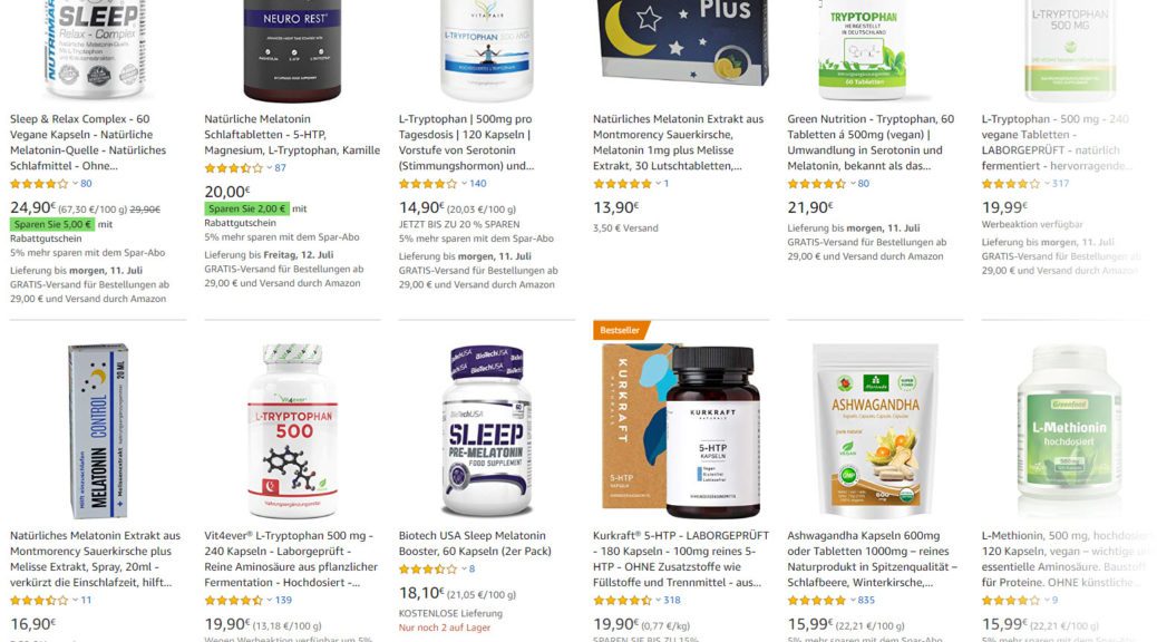 Melatonin Tabletten bei Amazon (Screenshot 10.07.2019)