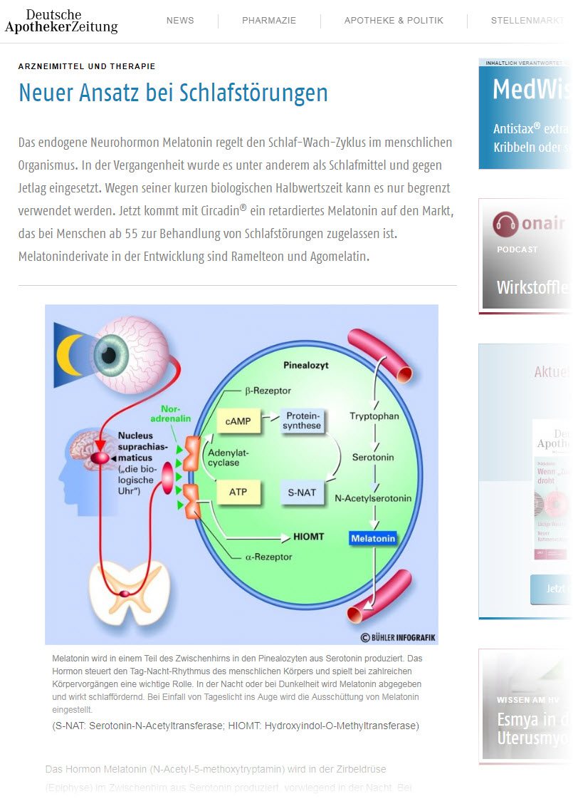 Circadin - Melatonin Tabletten mit zeitverzögerter Wirkstoffabgabe (Retard) für Menschen ab 55 zur Behandlung von Schlafstörungen (Screenshot www.deutsche-apotheker-zeitung.de/daz-az/2008/daz-19-2008/neuer-ansatz-bei-schlafstoerungen am 28.06.2019)