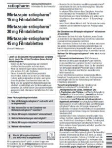 Mirtazapin absetzen - Was sagt der Beipackzettel? (Screenshot der Packungsbeilage von Mirtazapin ratiopharm 15 mg 30 mg 45 mg Filmtabletten, besamex.de/images/ecommerce/09/12/09123514_2012-08_de_o.pdf)