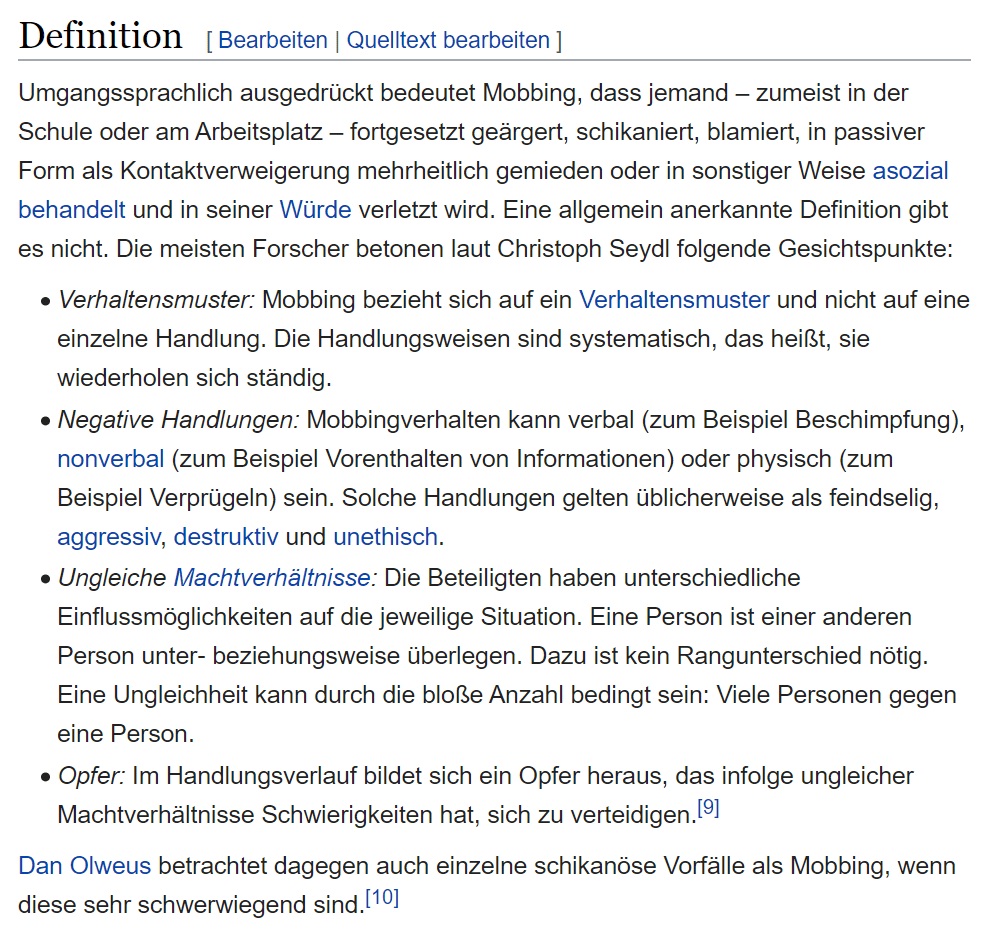 Was ist Mobbing - Definition in der Wiki (Screenshot 27.04.2020)