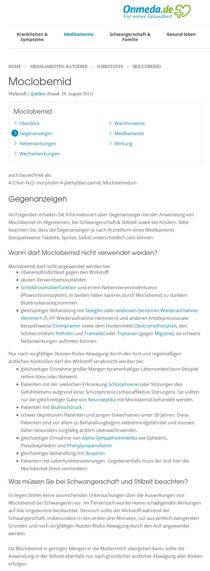 Infos zu Moclobemid Gegenanzeigen / Kontraindikationen bei onmeda.de