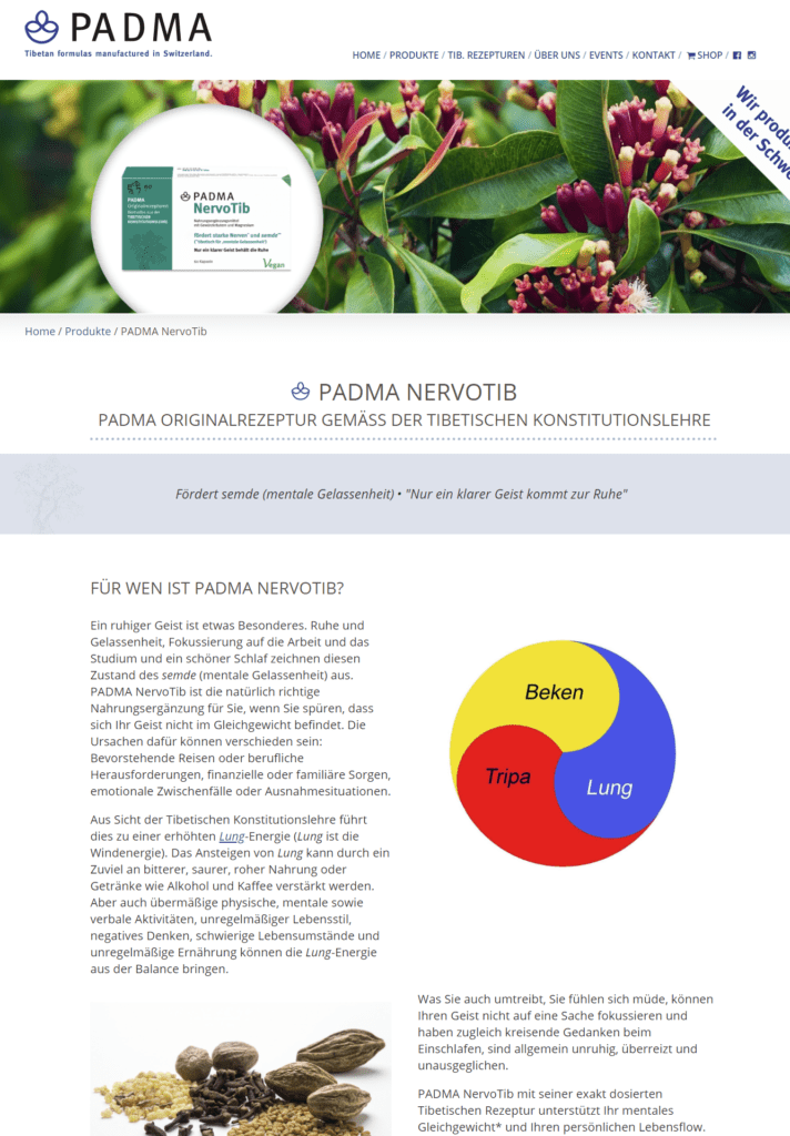 Die Website des schweizer Herstellers erläutert Konzept-Elemente der Tibetischen Konstitutionslehre - u.a. die Elemente Beken, Tripa und Lung (Screenshot padma.de am 11.05.2020)