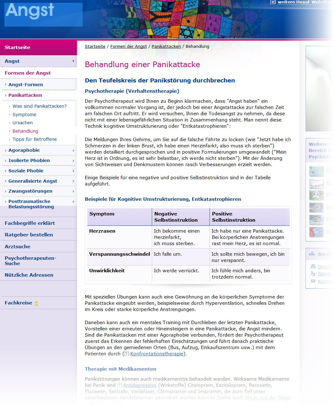 Panikstörung Behandlung: Die ANGST-Website des Pharmaunternehmens HEXAL informiert über Ursachen, Symptome und Therapie von Panikstörungen (Screenshot https://angst.hexal.de/angstformen/panikattacken/behandlung/ am 28.12.2017)