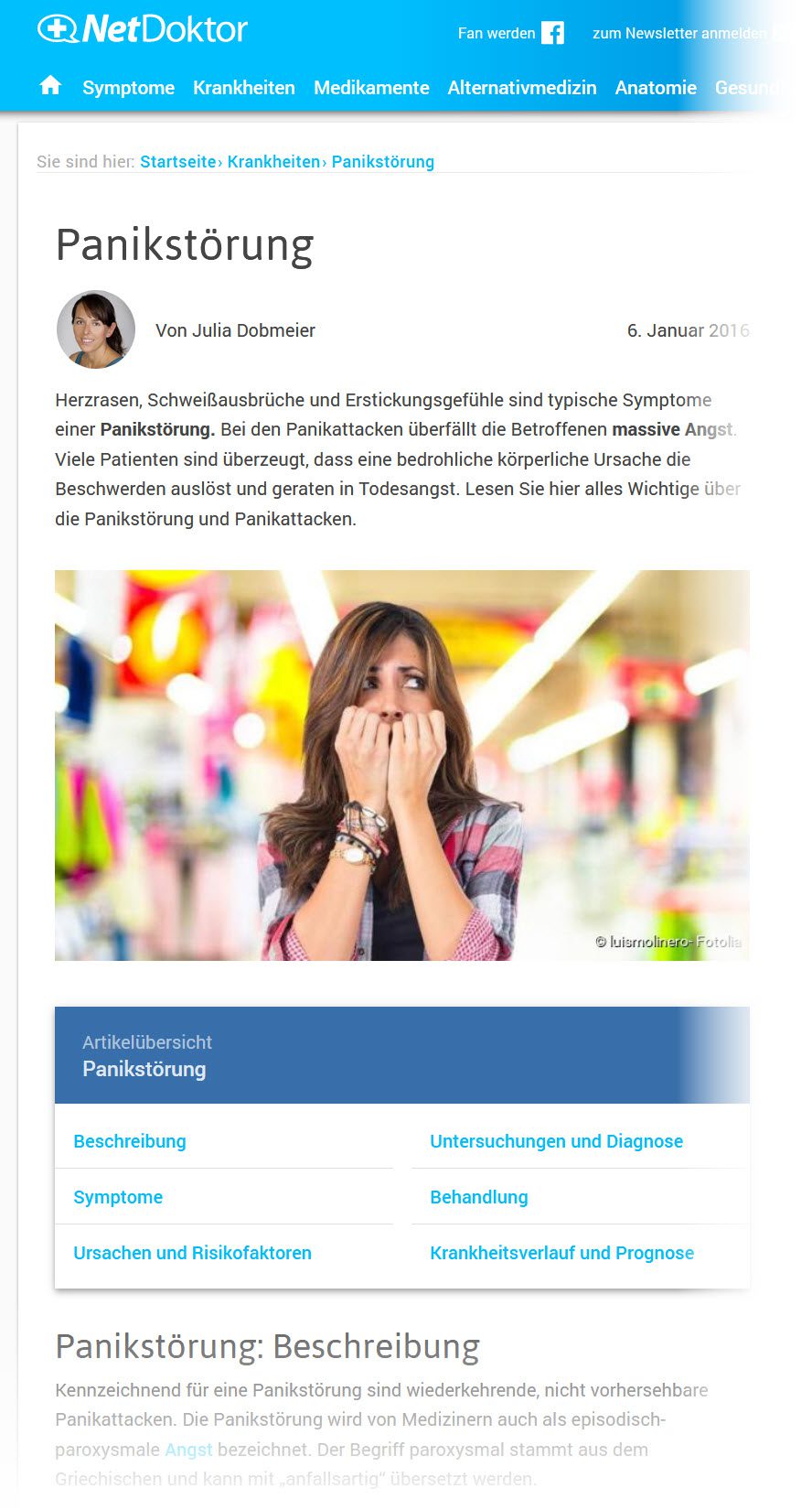 Panikstörung Ursachen, Symptome etc. - gut erklärt bei Netdoktor (Screenshot https://www.netdoktor.de/krankheiten/panikstoerung/ am 28.12.2017)