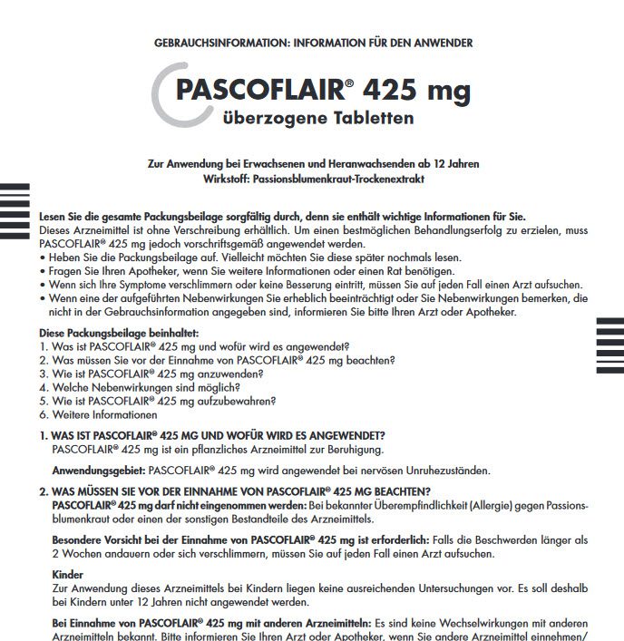 Pascoflair 425mg Beipackzettel: Der Packungsbeilage lassen sich die wichtigsten Infos vom Hersteller zu Nebenwirkungen und Wechselwirkungen entnehmen