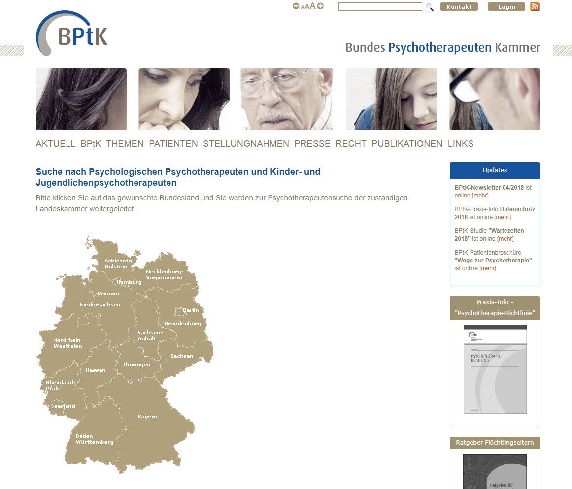 Psychotherapeutensuche der Bundespsychotherapeutenkammer: Suche nach Psychologischen Psychotherapeuten und Kinder- und Jugendlichenpsychotherapeuten (Screenshot bptk.de/service/therapeutensuche.html am 04.02.2019)