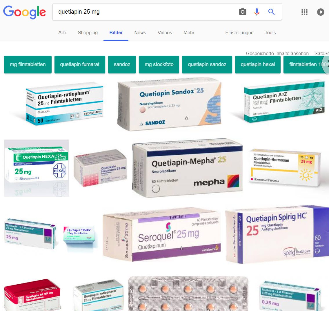 Quetiapin 25 mg - eine Google-Bildersuche zeigt die verschiedenen Hersteller wie Sandoz, Ratiopharm, Beta Pharm, Hexal und Co...