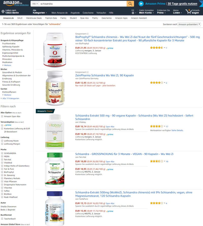 Kapseln mit Schisandra Extrakt: Bei Amazon finden sich eine ganze Reihe an Produkten auf Basis von Wu Wei Zi - teilweise auch in der Schreibweise Schizandra