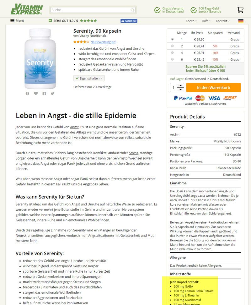 GABA (Gamma Amino Buttersäure) ist in vielen Stimmungsaufheller-Produkten enthalten, auch wenn diese oft gar nicht explizit als GABA Kapseln beschriftet sind oder vermarktet werden (hier Serenity von Vitality Nutritionals) (Screenshot vitaminexpress.org/de/serenity-stimmungsaufheller-kapseln am 18.05.2018)