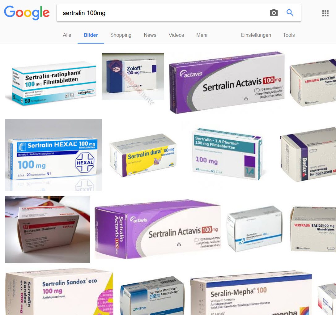 Sertralin 100mg gibt es von verschiedenen Pharmafirmen und -marken (Screenshot Google-Bildersuche am 28.12.2017)