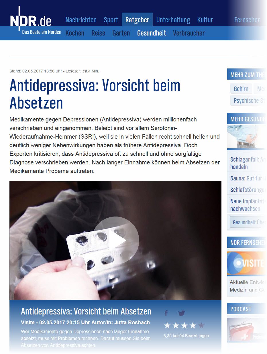 Sertralin absetzen? - Der NDR-Bericht "Antidepressiva: Vorsicht beim Absetzen" erläutert typische Probleme und Gefahren beim (falschen) Absetzen von Antidepressiva wie Sertralin (https://www.ndr.de/ratgeber/gesundheit/Depressionen-Medikamente-langsam-absetzen,depression210.html)