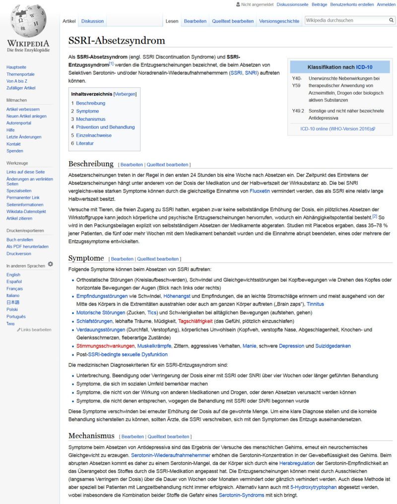 SSRI-Absetzsyndrom - was beim SSRI absetzen passieren kann (Wikipedia)