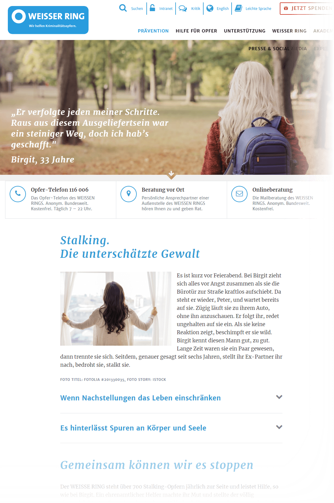 Stalking Hilfe | Der Verein "Weisser Ring" hilft Kriminalitätsopfern und bietet Beratung vor Ort, ein Opfer-Telefon sowie Onlineberatung - auch zum Thema Stalking (Screenshot weisser-ring.de am 20.05.2020)