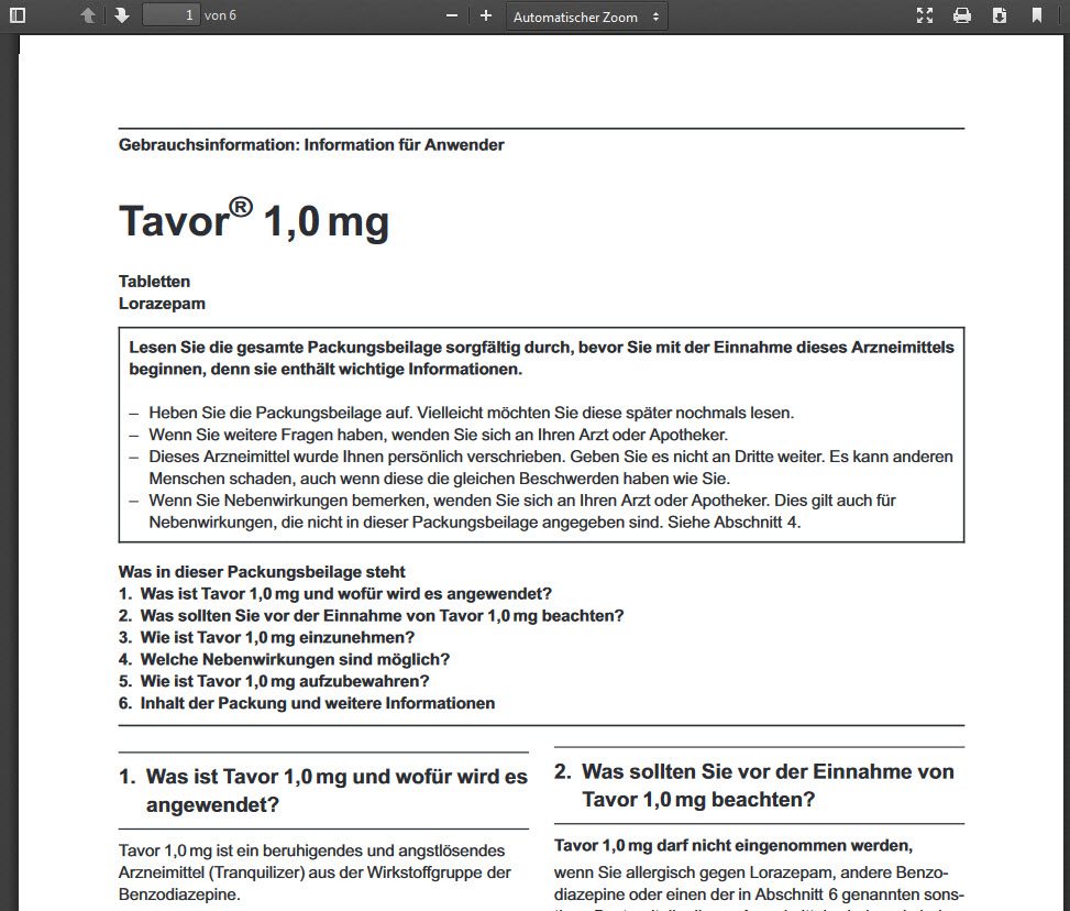 Packungsbeilage von Tavor 1.0 mg Tabletten informiert über Wirkung und Nebenwirkungen (PDF, https://www.pfizer.de/fileadmin/produktdatenbank/pdf/014302.pdf)