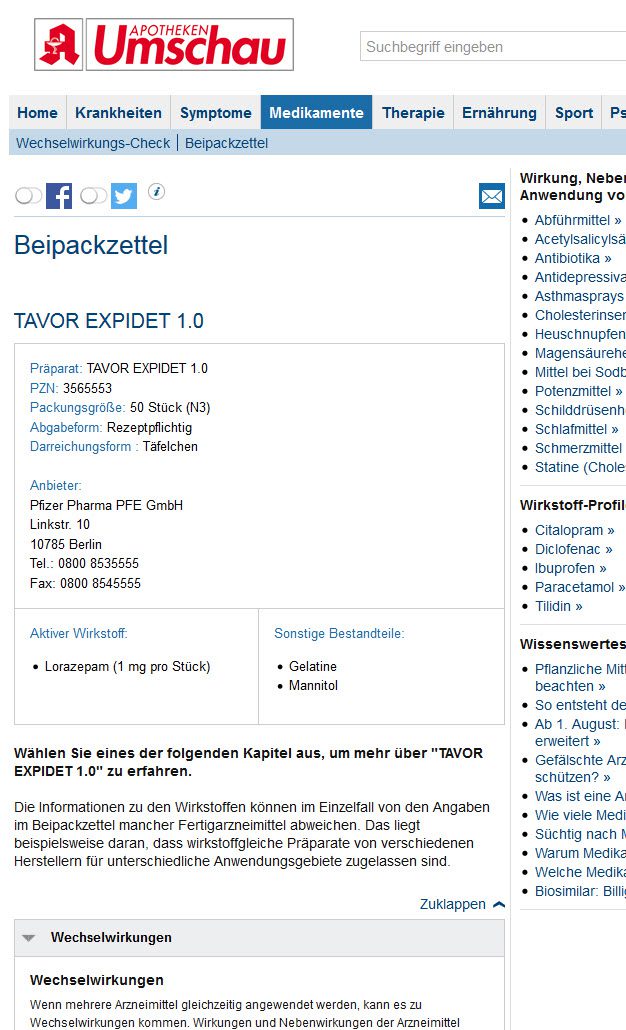 TAVOR EXPIDET 1.0 - Beipackzettel bei Apotheken-Umschau einsehen (Screenshot https://www.apotheken-umschau.de/Medikamente/Beipackzettel/TAVOR-EXPEDIT-1.0-3565553.html vom 06.06.2017)